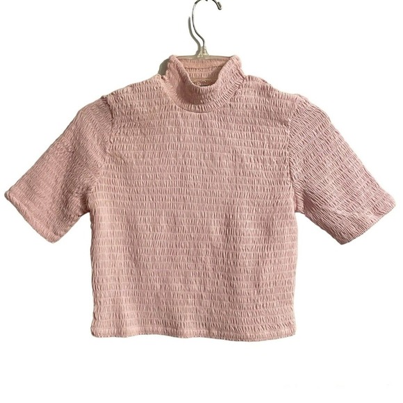 Express Small Women's Smocked Mock Neck Cropped Top Pink Short Sleeve Mi… - Picture 1 of 7